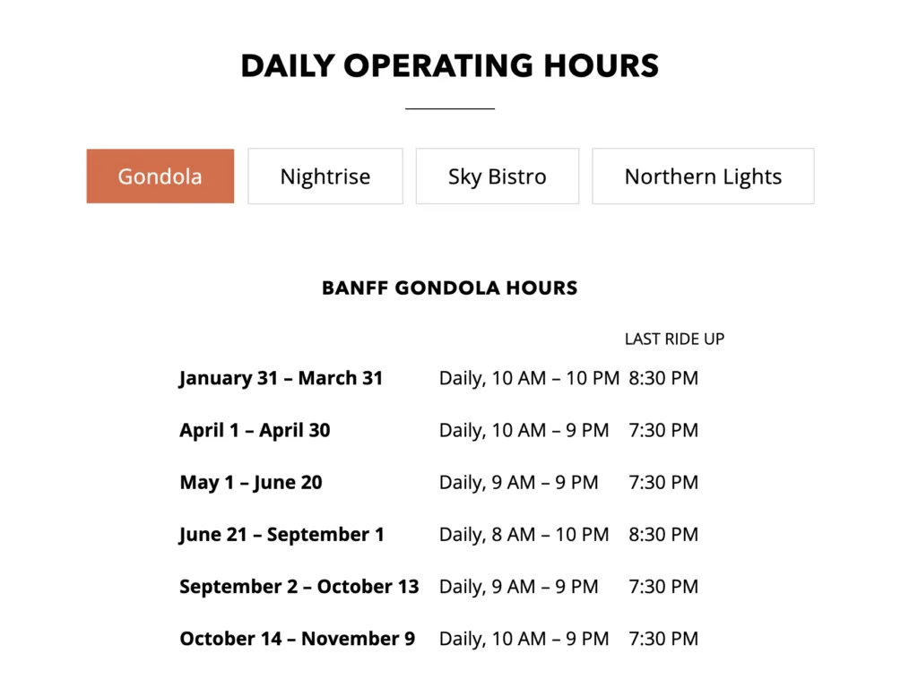 Banff Gondola Sky Bistro opening times